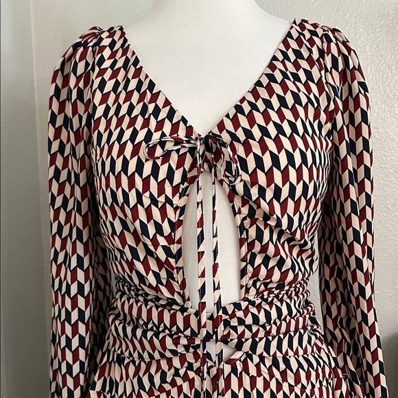 Mulla High Low Ruffle Cut Out Maxi‎ Dress Red Black Geometric Size Medium - Picture 5 of 16